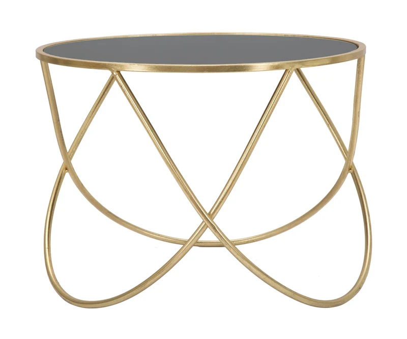 Tavolinetto da salotto basso tondo base in metallo dorato piano in vetro nero cm Ø 58x43h