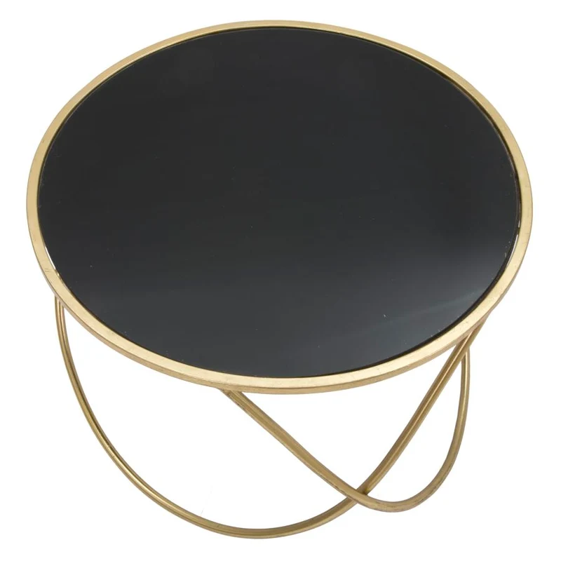 Tavolinetto da salotto basso tondo base in metallo dorato piano in vetro nero cm Ø 58x43h