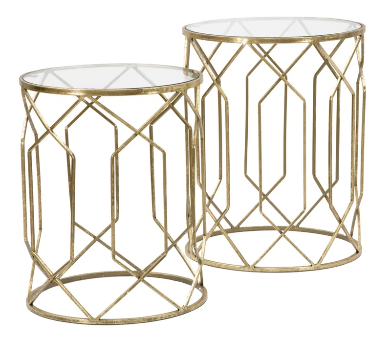 Set 2 tavolino da salotto tondo in metallo dorato piano in vetro design moderno