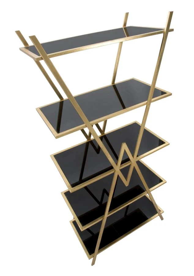 Libreria design con 5 ripiani in metallo dorato e vetro colore nero cm 80x44x180h