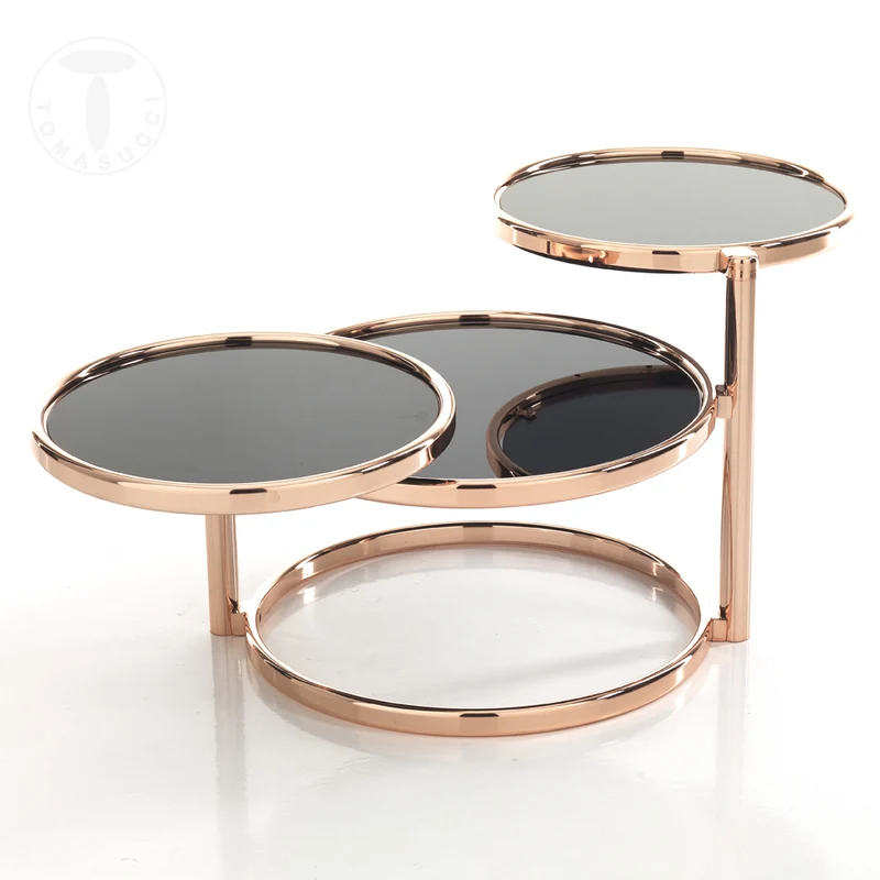 Tavolino moderno da salotto struttura colore rame con piani girevoli in vetro cm Ø 57x50h