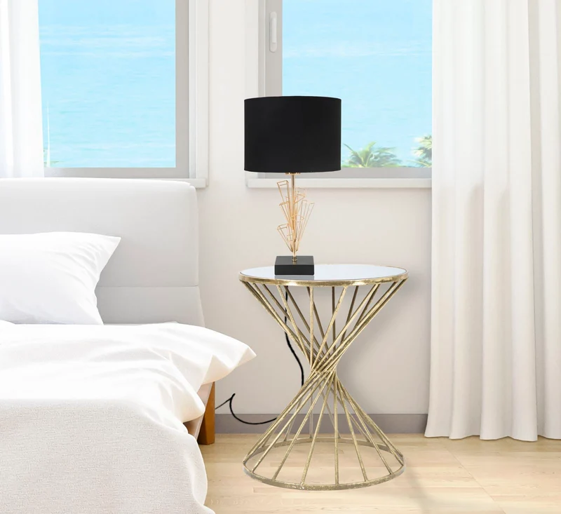Tavolino da salotto moderno tondo in metallo colore anticato piano con specchio cm Ø 42x50h
