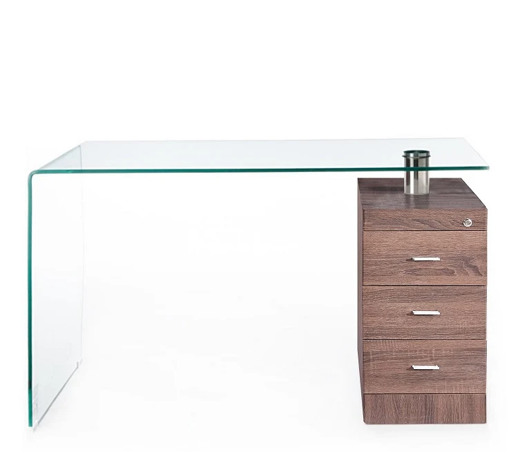 Scrivania moderna in vetro curvato con cassettiera in legno cm 125x65x75h - vari colori