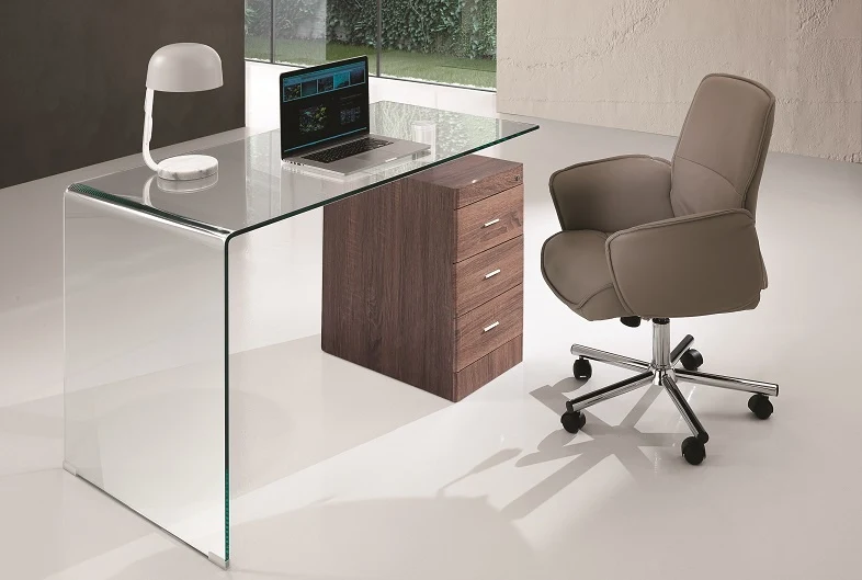 Scrivania moderna in vetro curvato con cassettiera in legno cm 125x65x75h - vari colori