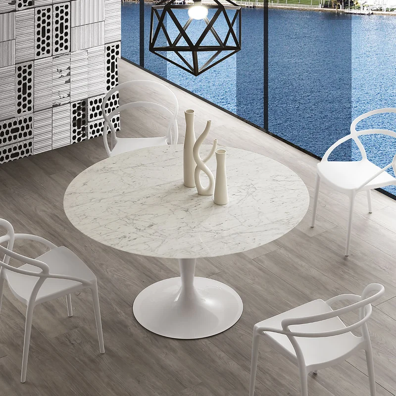 Island Fisso - Tavolo moderno tondo gamba in acciaio piano marmo carrara cm Ø 120x75h