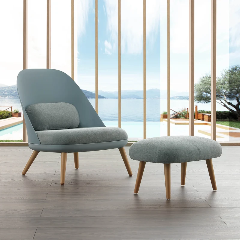 Pouf moderno imbottito rivestito in tessuto gambe in legno massello cm 60x39x31h - vari colori