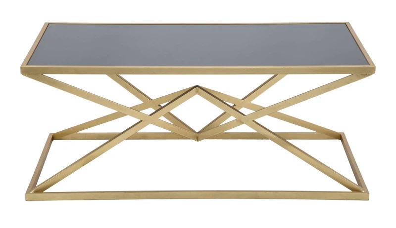 Tavolino da salotto basso in metallo dorato e piano in vetro nero cm 110x60x45h