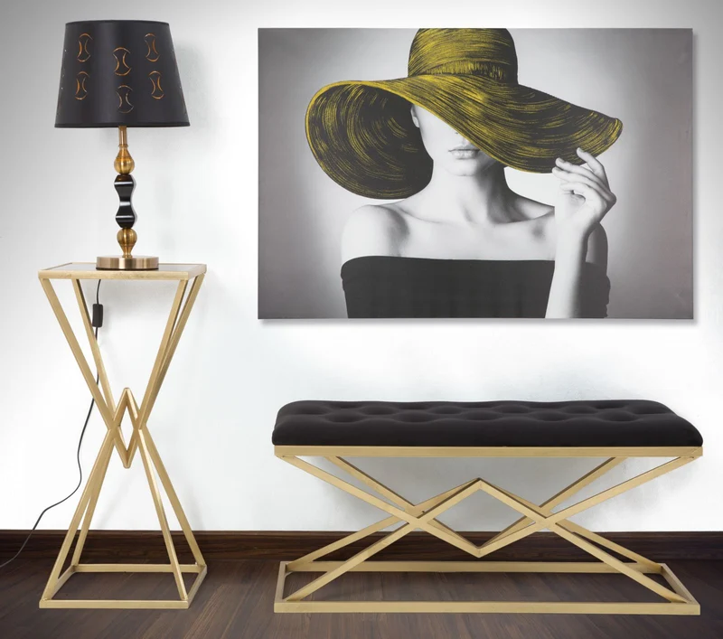Tavolino da salotto basso in metallo dorato e piano in vetro nero cm 110x60x45h