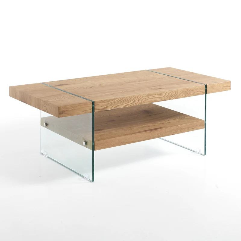 Tavolino da salotto base in vetro trasparente piano e ripiano in legno cm 120x60x45h