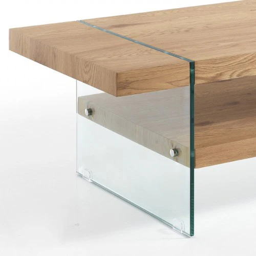 Tavolino da salotto base in vetro trasparente piano e ripiano in legno cm 120x60x45h
