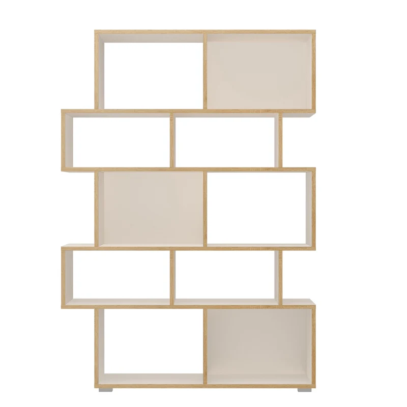 Libreria moderna asimmetrica in legno bianco e rovere con 10 vani cm 115x28x164h