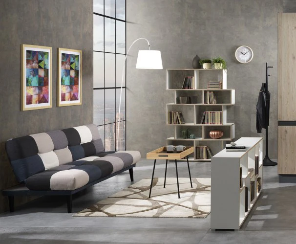 Libreria moderna asimmetrica in legno bianco e rovere con 10 vani cm 115x28x164h