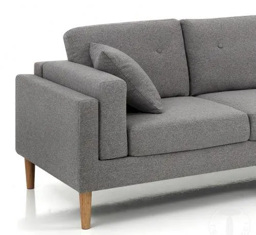 Divano con chaise longue moderno in tessuto grigio piedi in legno massello cm 230x148x85h