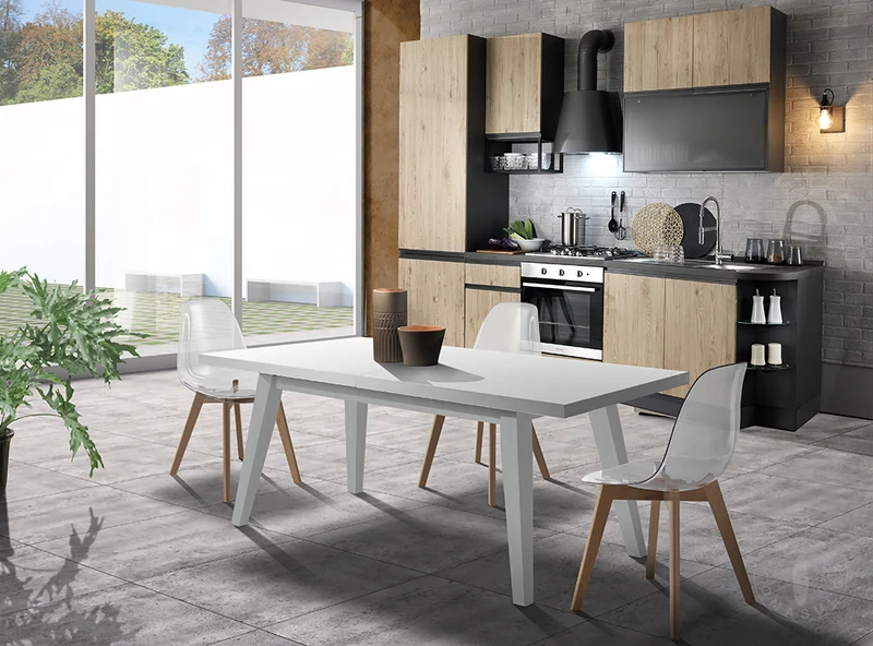 Tavolo da pranzo moderno allungabile in legno massello colore rovere gambe bianche cm 180/360x85x78h