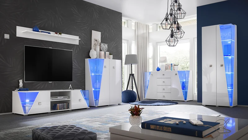 Igea - Madia con vetrinetta moderna con cassetti e ante bianco lucido e luci a led cm 150x45x100h