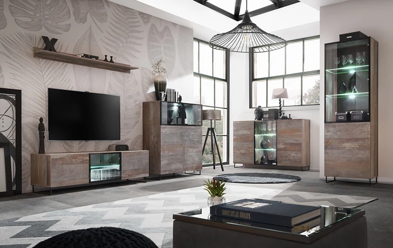 Babila - Credenza con 3 ante stile industriale in legno con ripiani in vetro e luci a led cm 150x40x97h