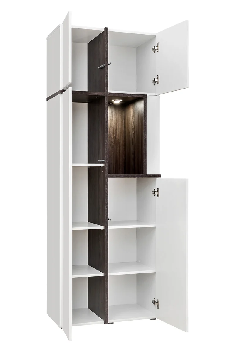 Adelaide - Credenza alta moderna con vano a giorno e 3 ante bianco lucido e wengè cm 70x40x197h