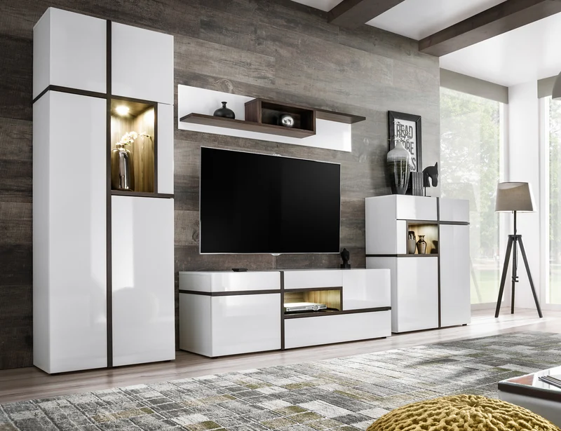 Adelaide - Credenza alta moderna con vano a giorno e 3 ante bianco lucido e wengè cm 70x40x197h