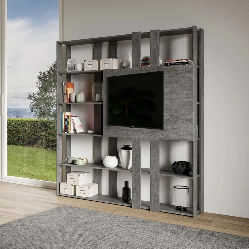 Oberdan - Libreria da parete moderna con pannello porta tv in legno cm 178x34x204h - vari colori