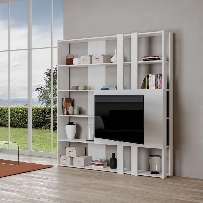 Avril - Libreria a parete con pannello porta tv design moderno in legno cm 178x34x204h - vari colori
