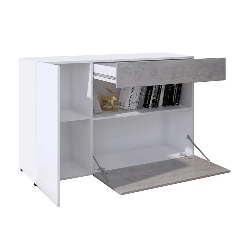 Mobile da soggiorno moderno con anta e cassetti in legno bianco e cemento cm 130x41x81h