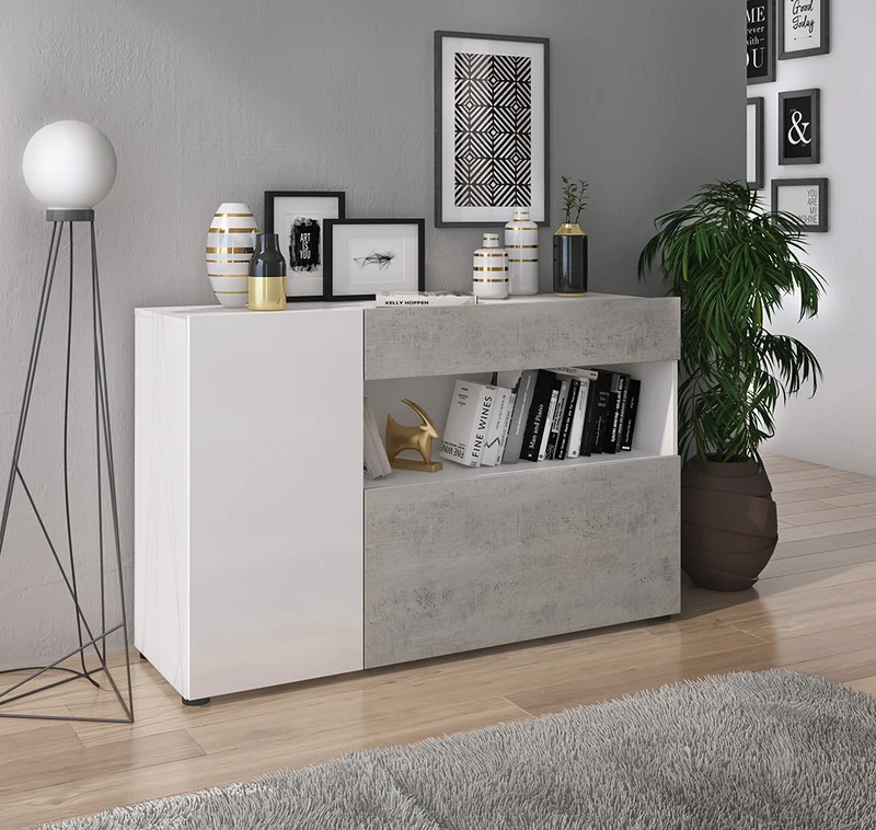 Mobile da soggiorno moderno con anta e cassetti in legno bianco e cemento cm 130x41x81h