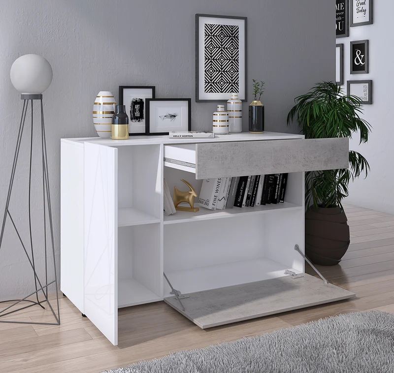 Mobile da soggiorno moderno con anta e cassetti in legno bianco e cemento cm 130x41x81h