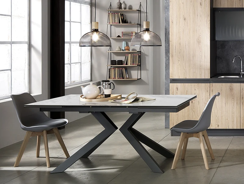 Tavolo da pranzo allungabile piano in vetro e ceramica effetto marmo cm 160/240x90x76h