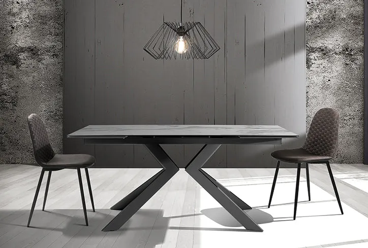 Tavolo da pranzo allungabile piano in vetro e ceramica effetto marmo cm 160/240x90x76h