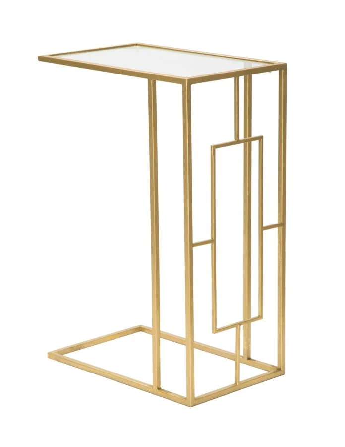 Tavolino rettangolare moderno in metallo dorato piano in vetro cm 40x25x60h