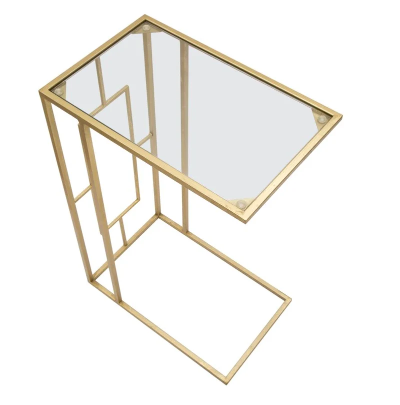 Tavolino rettangolare moderno in metallo dorato piano in vetro cm 40x25x60h