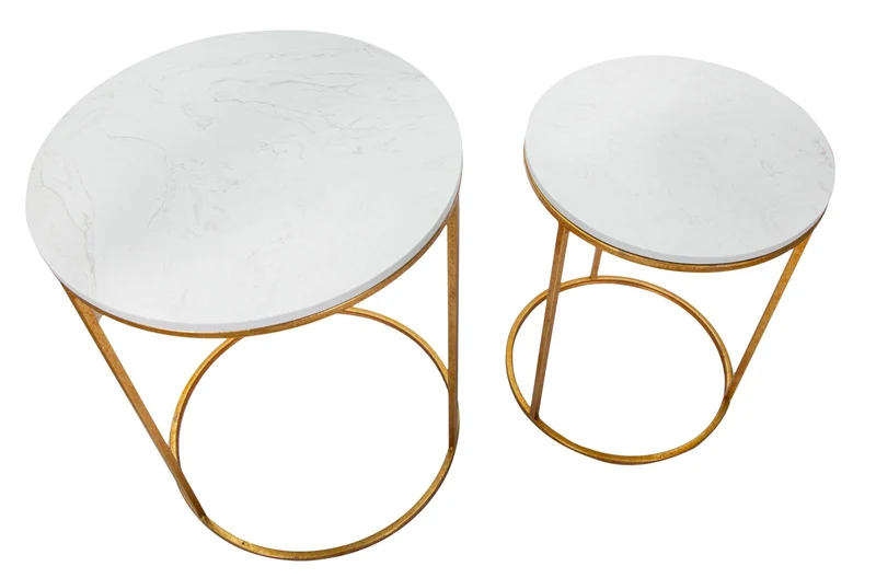Set da 2 tavolino da salotto tondo in metallo piano effetto marmo