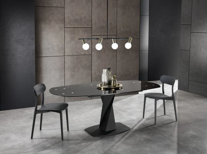 Tavolo moderno allungabile base in metallo e piano in vetro colore nero cm 105/165x95x77h