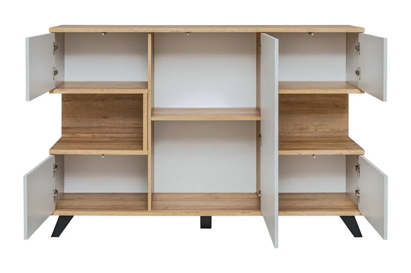 Elfa - Madia moderna con vani laterali e 4 ante rovere e grigio chiaro cm 160x40x106h