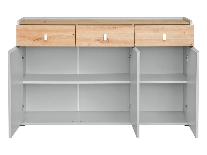 Madia con 3 ante e cassetti da salotto grigio chiaro e naturale cm 139x38x86h