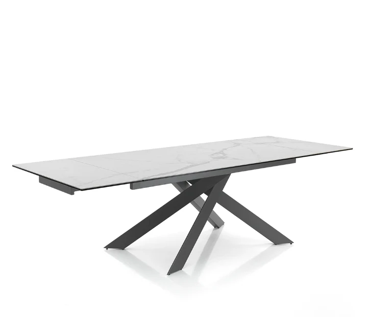 Tavolo allungabile in acciaio piano vetro e ceramica finitura marmo cm 160/240x90x75h - vari colori