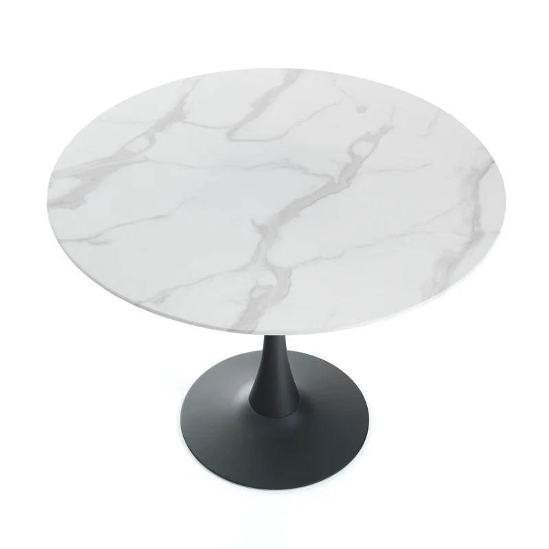 Tavolo moderno tondo fisso base in acciaio piano in vetro effetto marmo cm Ø 90x75h