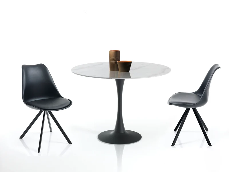 Tavolo moderno tondo fisso base in acciaio piano in vetro effetto marmo cm Ø 90x75h