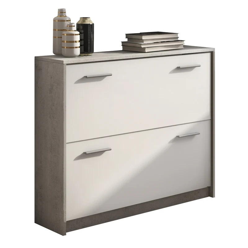 Scarpiera moderna 2 ante in legno bianco e cemento cm 100x25x81h