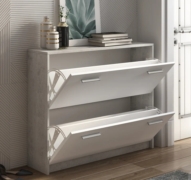 Scarpiera moderna 2 ante in legno bianco e cemento cm 100x25x81h