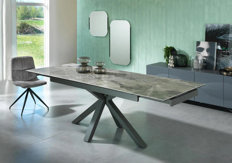 Tavolo soggiorno allungabile piano in ceramica e vetro effetto marmo cm 160/240x90x76h
