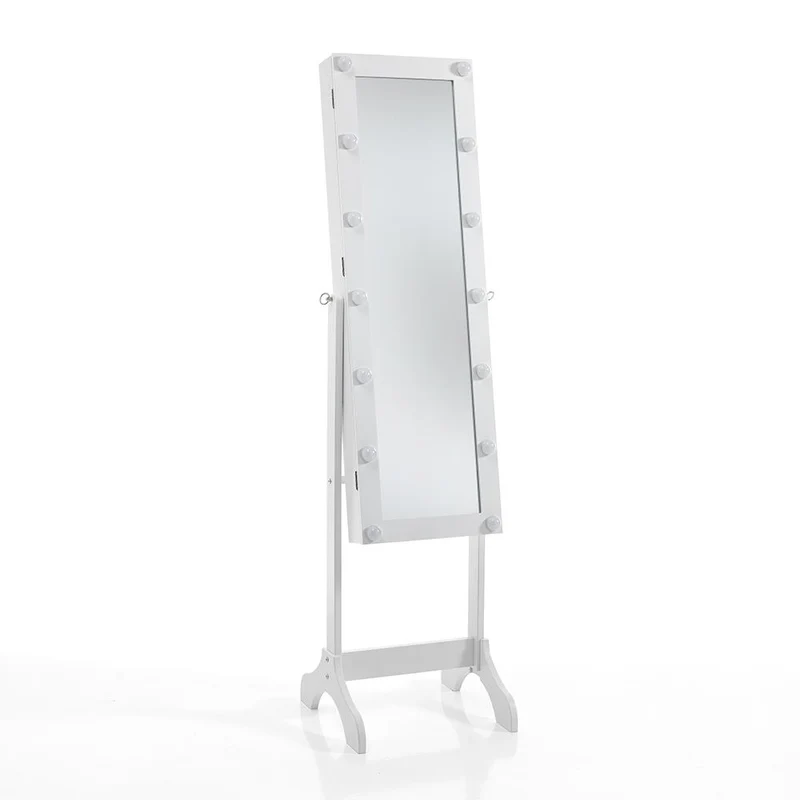 Specchiera in legno con base di appoggio colore bianco luce led vano contenitore cm 41x40x160h