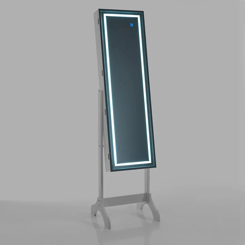 Specchiera in legno con base di appoggio colore bianco luce led vano contenitore cm 41x40x160h