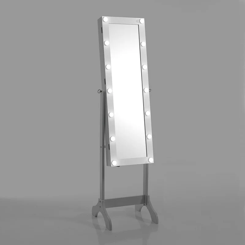 Specchiera in legno con base di appoggio colore bianco luce led vano contenitore cm 41x40x160h