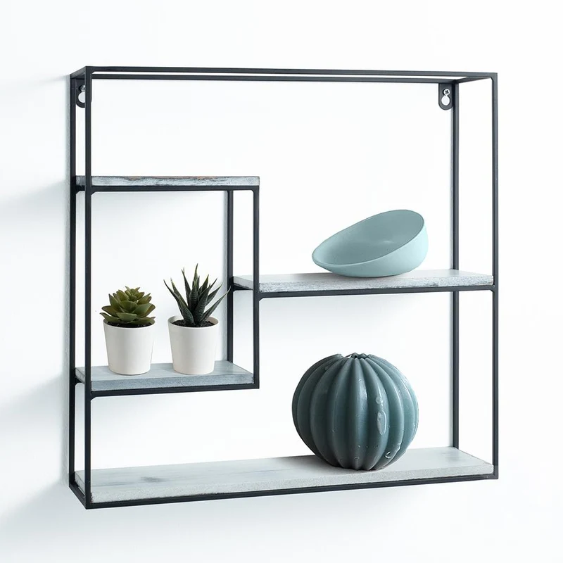 Mensola da parete quadrata in metallo con piani in legno massello colore nero e bianco cm 40x10x40h