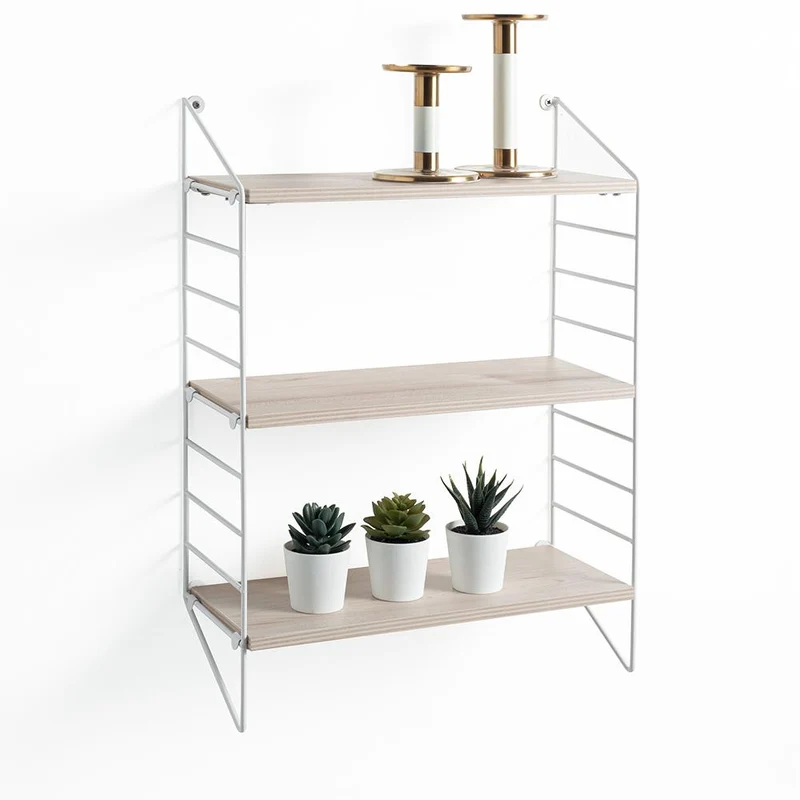 Mensola da parete moderna in legno finitura rovere e metallo bianco lucido cm 40x16x56h