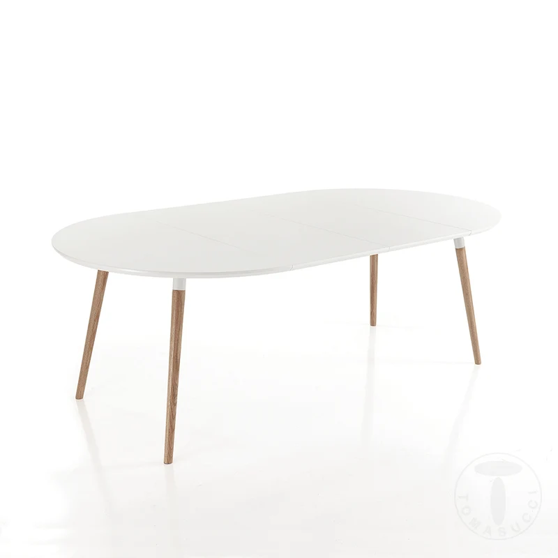 Tavolo tondo moderno in legno massello allungabile colore bianco opaco e rovere cm 120/220x120x75h