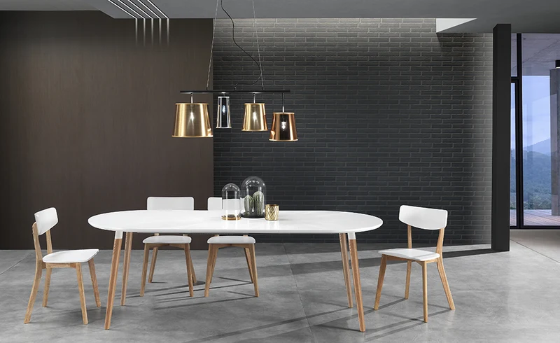 Tavolo tondo moderno in legno massello allungabile colore bianco opaco e rovere cm 120/220x120x75h