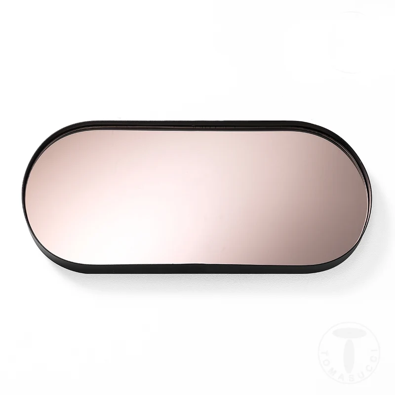 Specchio ovale moderno da parete colorato rosa cornice in acciaio nero cm 25x3x55h