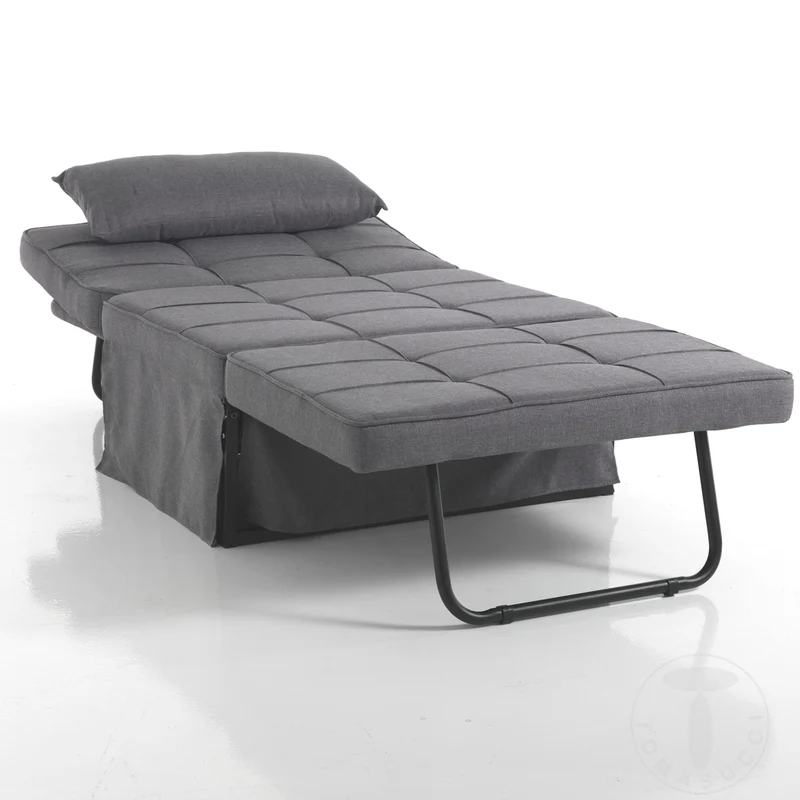 Pouf moderno trasformabile in chaise lounge e letto rivestito in tessuto grigio cm 95x70x40h